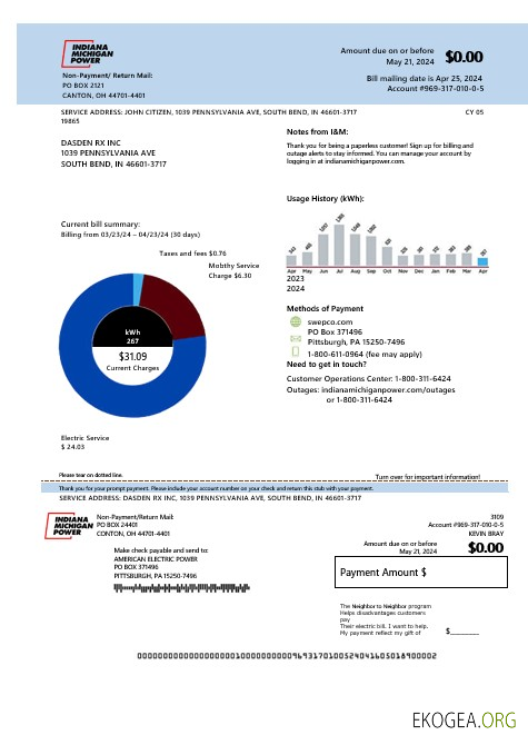 Modèle de facture de services publics d'électricité des États Unis, Indiana, aux formats Word et PDF